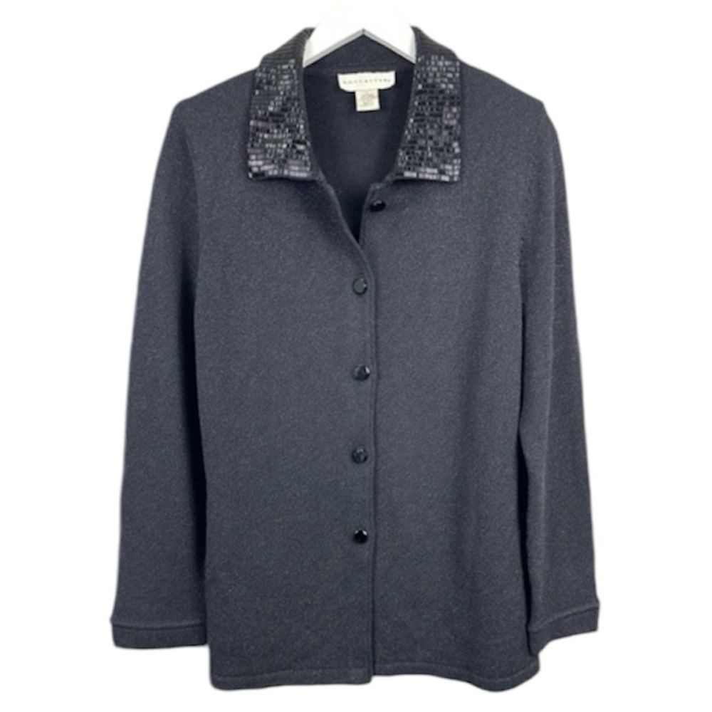 Don Caster Black Beaded Collar Button Down Wool Blend Cardigan Sweater Large